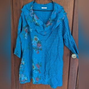 Obsession Blue Floral Stripe Lagenlook Linen Tunic